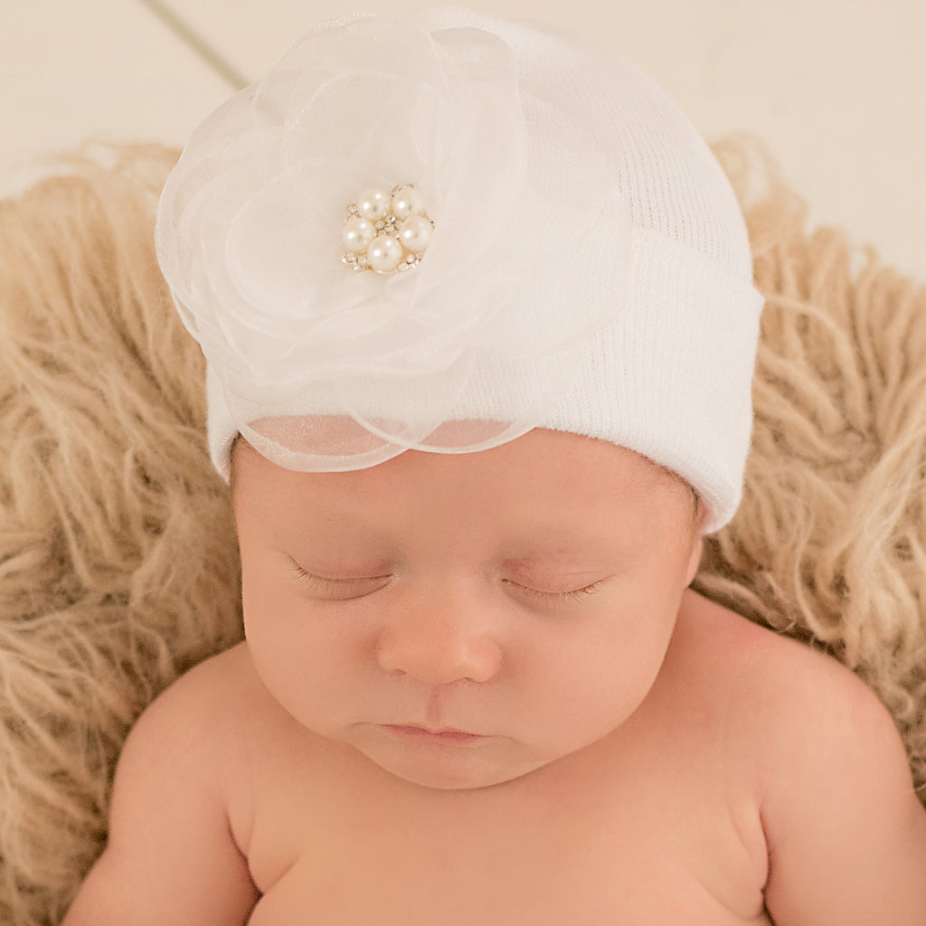 Newborn Baby Girl Beanie Hat with White Layered Chiffon Flower with Pearl Center, White Color Infant Hat Newborn Hat