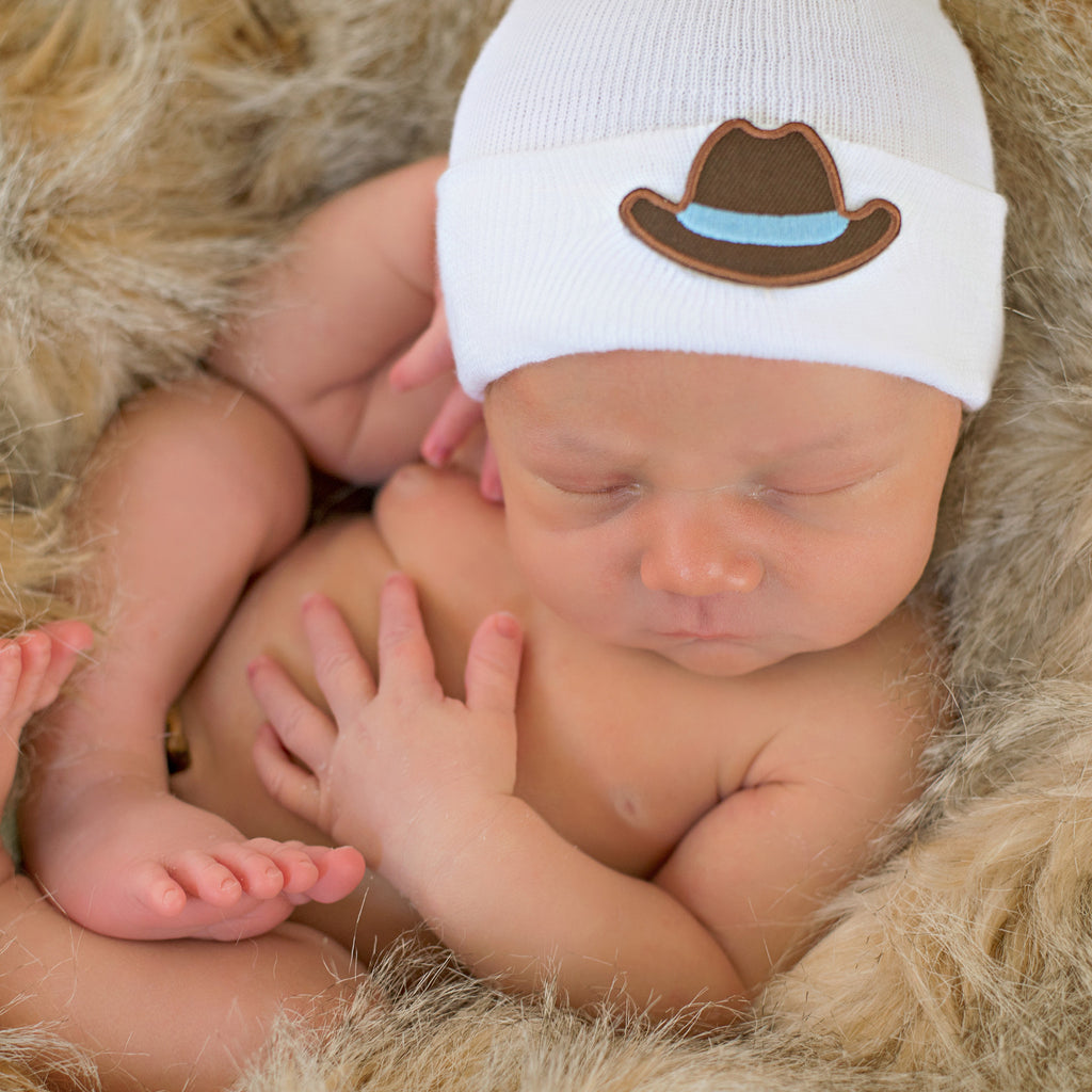 White Newborn Baby Boy Hospital Beanie Hat with Cowboy Patch Infant Hat Newborn Hat