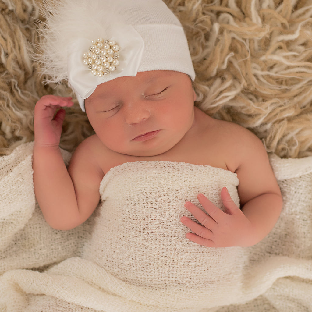 Pink Newborn Baby Girl Hospital Beanie Hat with Pink or White Fancy Feather, Pearl and Rhinestone Jewel