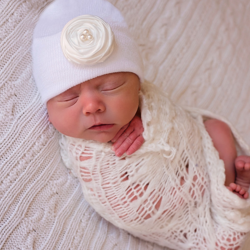 White Newborn Girl Hospital Hat With Creamy White (or Pink) Rolled Silk Flower & Pearl