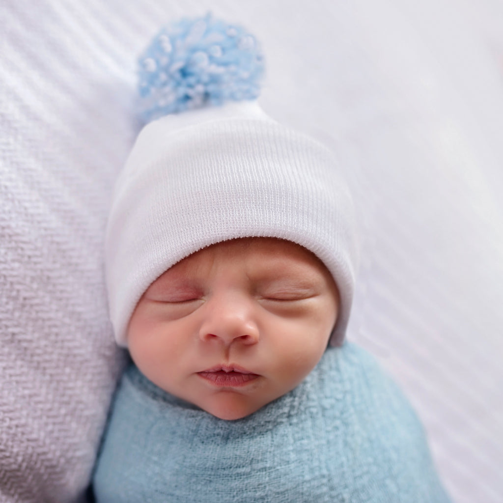White Nursery Hospital Beanie Hat with Handmade Mixed blue and White Pom Pom Infant Hat Newborn Hat