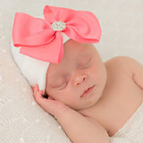 Pretty in Pink Big Ribbon Bow with Rhinestone White Newborn Hospital Hat Newborn Hat Infant Hat