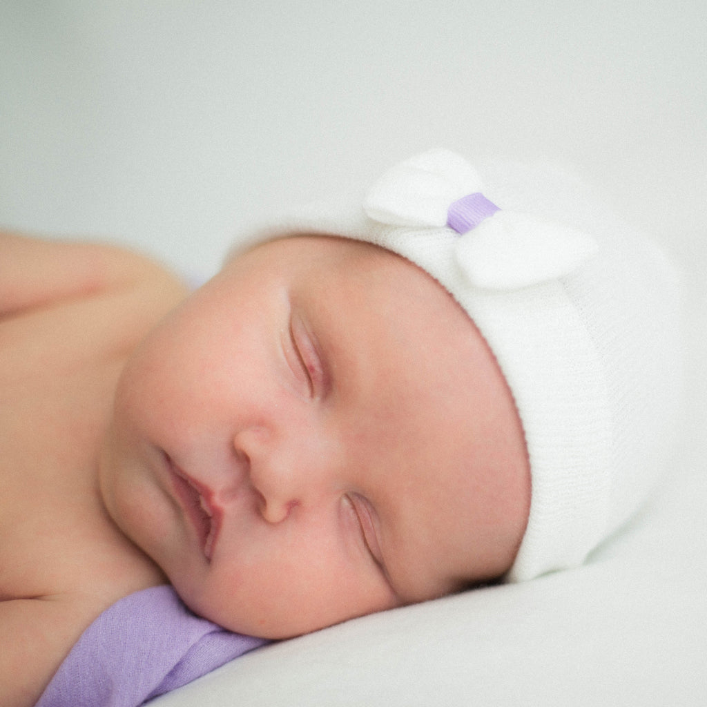 Tiny White Bow with Purple Ribbon Newborn Girl Hospital hat Infant Hat Newborn Hat