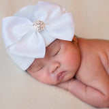 Snow White Big Ribbon Bow with Rhinestone Newborn Hospital Hat - White Hat Newborn Hat Infant Hat