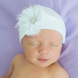 Frayed Flower Newborn Girl White Hospital Hat - White Infant Hat Newborn Hat