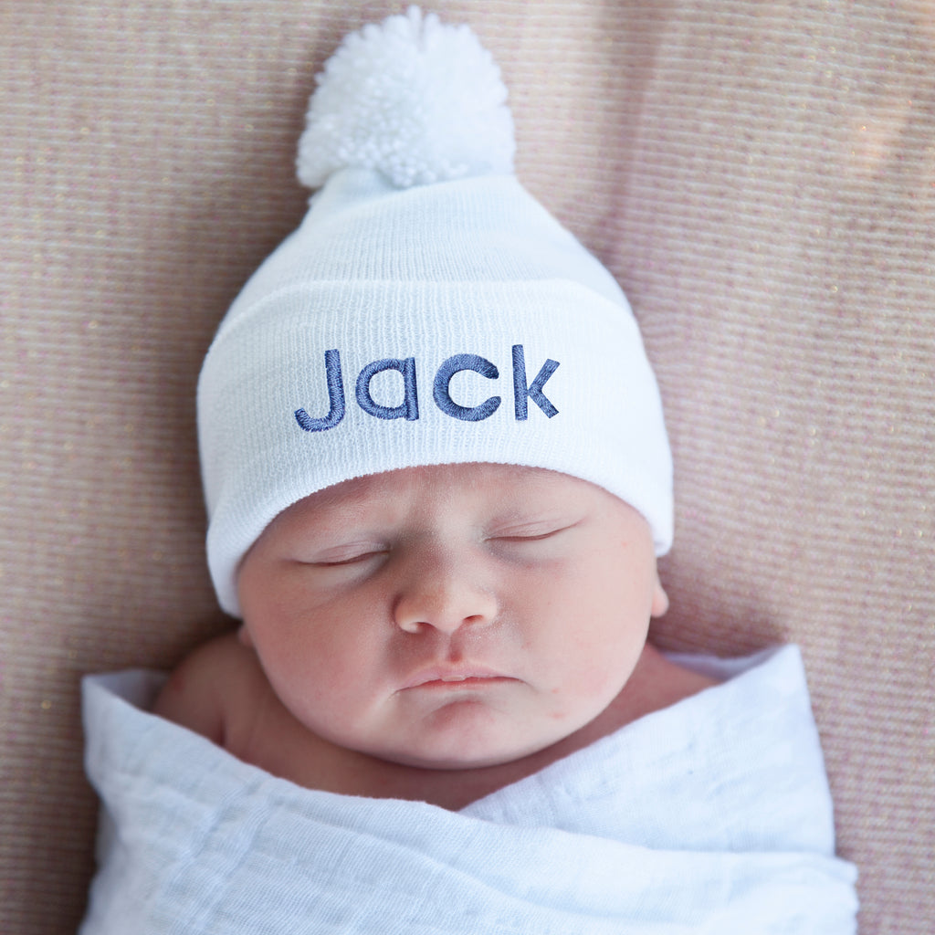 Personalized Newborn Baby Hospital Beanie Hat With Pom Pom, White, Gender Neutral, Newborn Hat Infant Hat