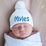 Personalized White Newborn Boy Hospital Beanie Hat with Pom Pom Hat, Infant Hats