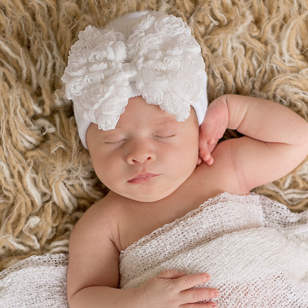 White Rosette Bow Newborn Girl Hospital & White Nursery Hat Infant Hat Newborn Hat