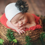 White Color Newborn Baby Girl Hospital Beanie Hat with Black Frayed Flower Infant Hat Newborn Hat