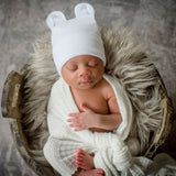 Pure White Newborn Baby Hospital Nursery Beanie Hat with Bear Ears - Gender Neutral Infant Hat Newborn Hat