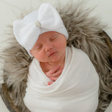 White Nursery Big Bow Newborn Girl Hospital Hat with Pearl and Rhinestone Center - White Infant Hat Newborn Hat