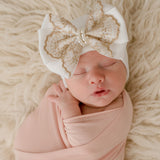 Newborn Baby Girl Hospital Beanie Hat With White Bow, Gold Lace and Pearl Strand Infant Beanie Hat