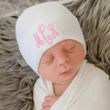 Girl's Monogramed Shadow Stitch White Newborn Baby Girl Hospital Beanie Hat, Infant Hat Newborn Hat
