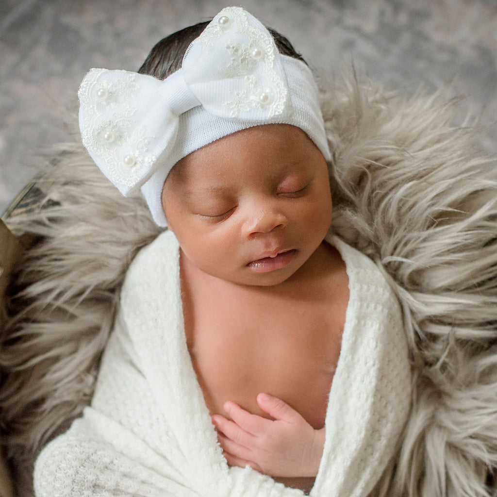 White Newborn Baby Girl Nursery Hospital Headband With Bow Lace and Pearl  Trim