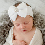 White Newborn Baby Girl Nursery Headband with Bow, Pearl and Rhinestone Center