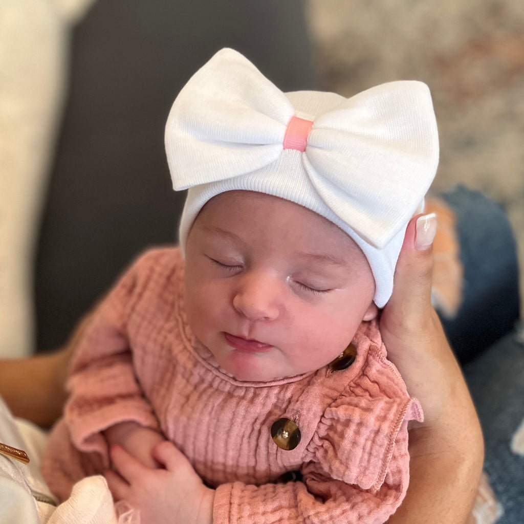 White Big Bow with Pink Ribbon Newborn Hospital Hat Infant Hat Newborn Hat